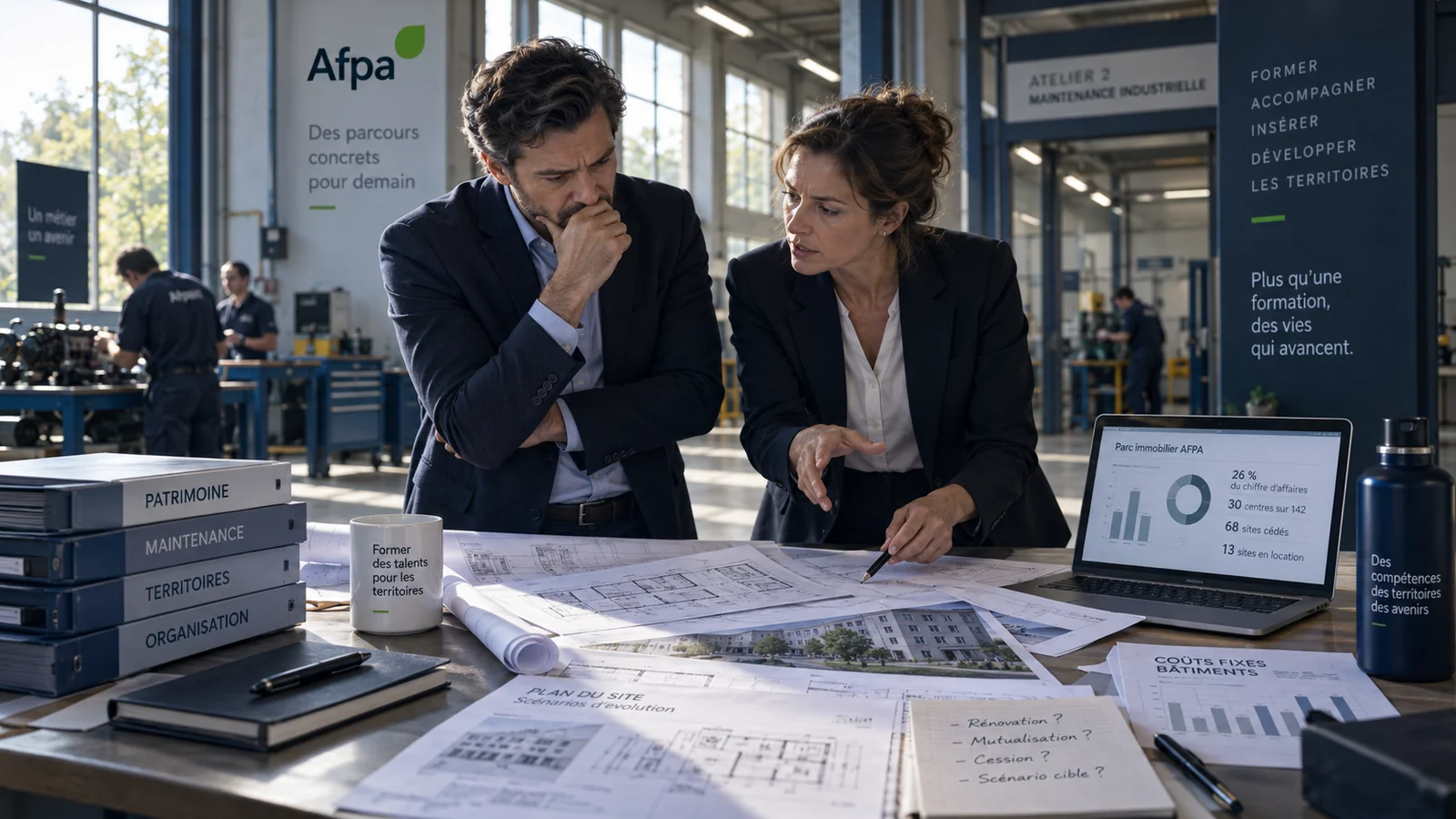 Illustration : deux responsables penchés sur des plans de site et des relevés de coûts fixes dans l'atelier d'un centre de formation ; l'écran d'un ordinateur affiche « Parc immobilier AFPA : 26 % du chiffre d'affaires, 30 centres sur 142, 68 sites cédés, 13 sites en location », et un carnet ouvert liste quatre scénarios manuscrits — rénovation, mutualisation, cession, scénario cible