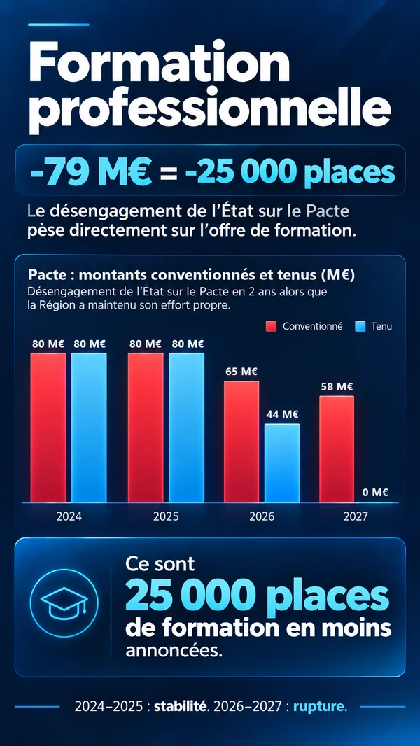 Infographie « Formation professionnelle » sur fond bleu nuit : moins 79 M€ égale moins 25 000 places. Le désengagement de l'État sur le Pacte pèse directement sur l'offre de formation. Graphique « Pacte : montants conventionnés et tenus (M€) », désengagement de l'État sur le Pacte en 2 ans alors que la Région a maintenu son effort propre : 80 M€ conventionnés et 80 M€ tenus en 2024 comme en 2025, 65 M€ conventionnés et 44 M€ tenus en 2026, 58 M€ conventionnés et 0 M€ tenu en 2027. Ce sont 25 000 places de formation en moins annoncées. 2024-2025 : stabilité. 2026-2027 : rupture.
