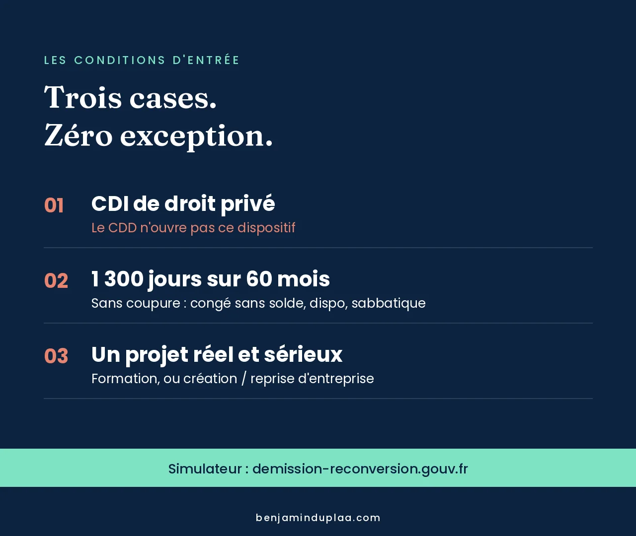 Les trois conditions d'entrée du dispositif démission-reconversion : CDI de droit privé, 1 300 jours travaillés sur 60 mois, projet réel et sérieux