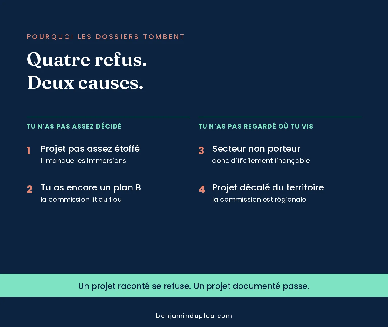 Les quatre motifs de refus : projet pas assez étoffé, plan B encore présent, secteur non porteur, projet décalé du territoire