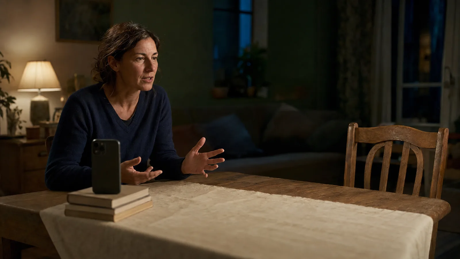 Une femme d'environ 45 ans répète à voix haute face à une chaise vide, le soir, dans sa salle à manger ; un téléphone posé contre une pile de livres la filme.