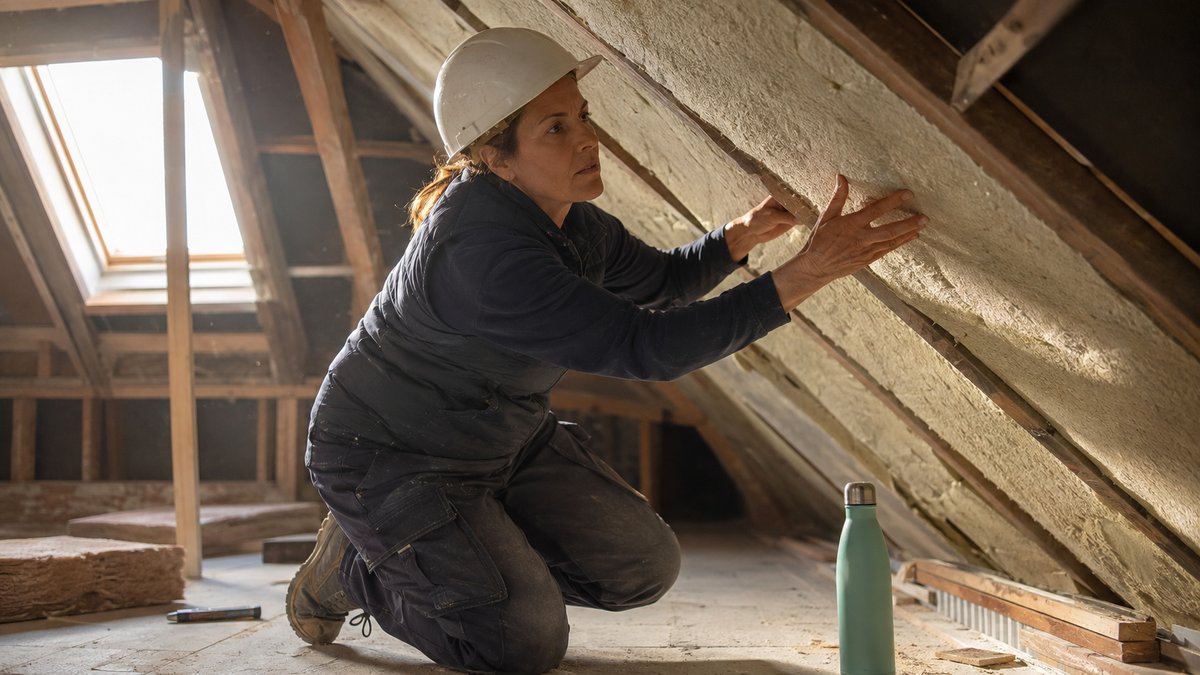 Une professionnelle casquée, agenouillée sous des combles, vérifie de la main la pose d'un isolant entre les chevrons, une gourde et des plaques d'isolant posées près d'elle.