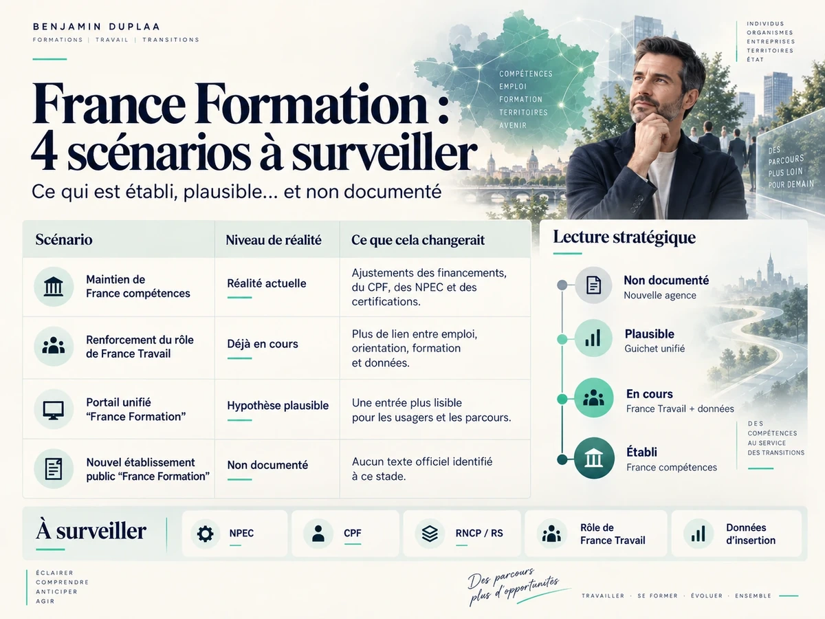 Tableau des quatre scénarios France Formation : maintien de France compétences, niveau « réalité actuelle », ajustements des financements, du CPF, des NPEC et des certifications ; renforcement du rôle de France Travail, « déjà en cours », plus de lien entre emploi, orientation, formation et données ; portail unifié France Formation, « hypothèse plausible », une entrée plus lisible pour les usagers ; nouvel établissement public France Formation, « non documenté », aucun texte officiel identifié à ce stade
