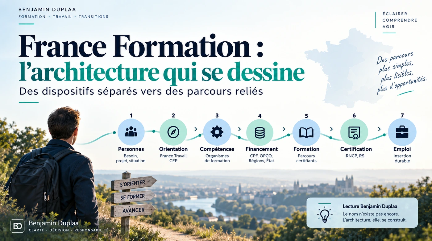 Infographie « France Formation : l'architecture qui se dessine — des dispositifs séparés vers des parcours reliés » : une chaîne de sept étapes numérotées, personnes (besoin, projet, situation), orientation (France Travail, CEP), compétences (organismes de formation), financement (CPF, OPCO, Régions, État), formation (parcours certifiants), certification (RNCP, RS) et emploi (insertion durable) ; un homme de dos, sac au dos, regarde une vallée depuis un sentier où un panneau indique s'orienter, se former, avancer ; un encart précise « le nom n'existe pas encore, l'architecture, elle, se construit »