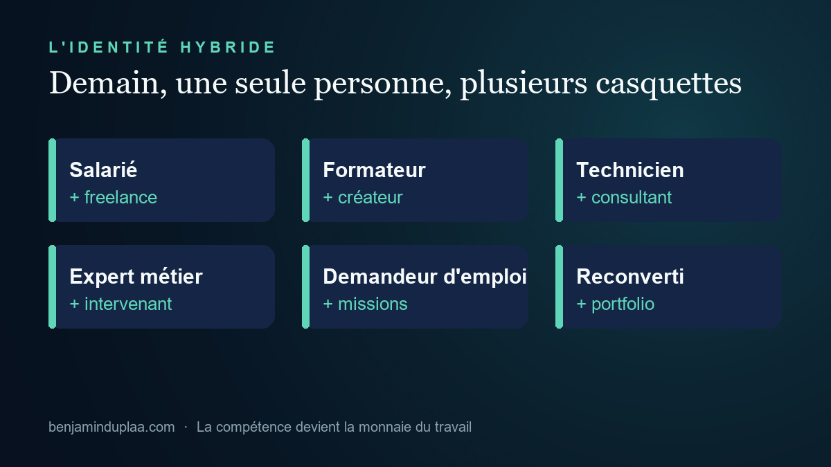 Schéma : l'identité professionnelle hybride — salarié, freelance, formateur, créateur, expert ponctuel, reconverti avec portfolio de preuves