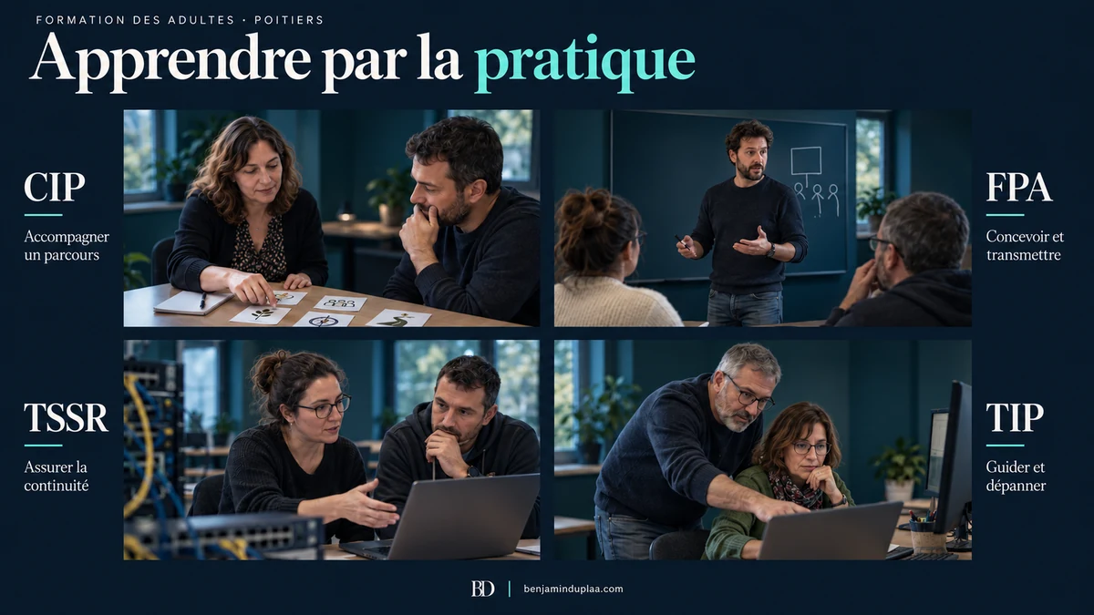 Quatre situations de formation à Poitiers : une conseillère en insertion accompagne un adulte autour de cartes posées sur la table, un formateur anime devant un tableau, une technicienne systèmes et réseaux intervient sur une baie, un technicien de proximité guide une utilisatrice sur son poste
