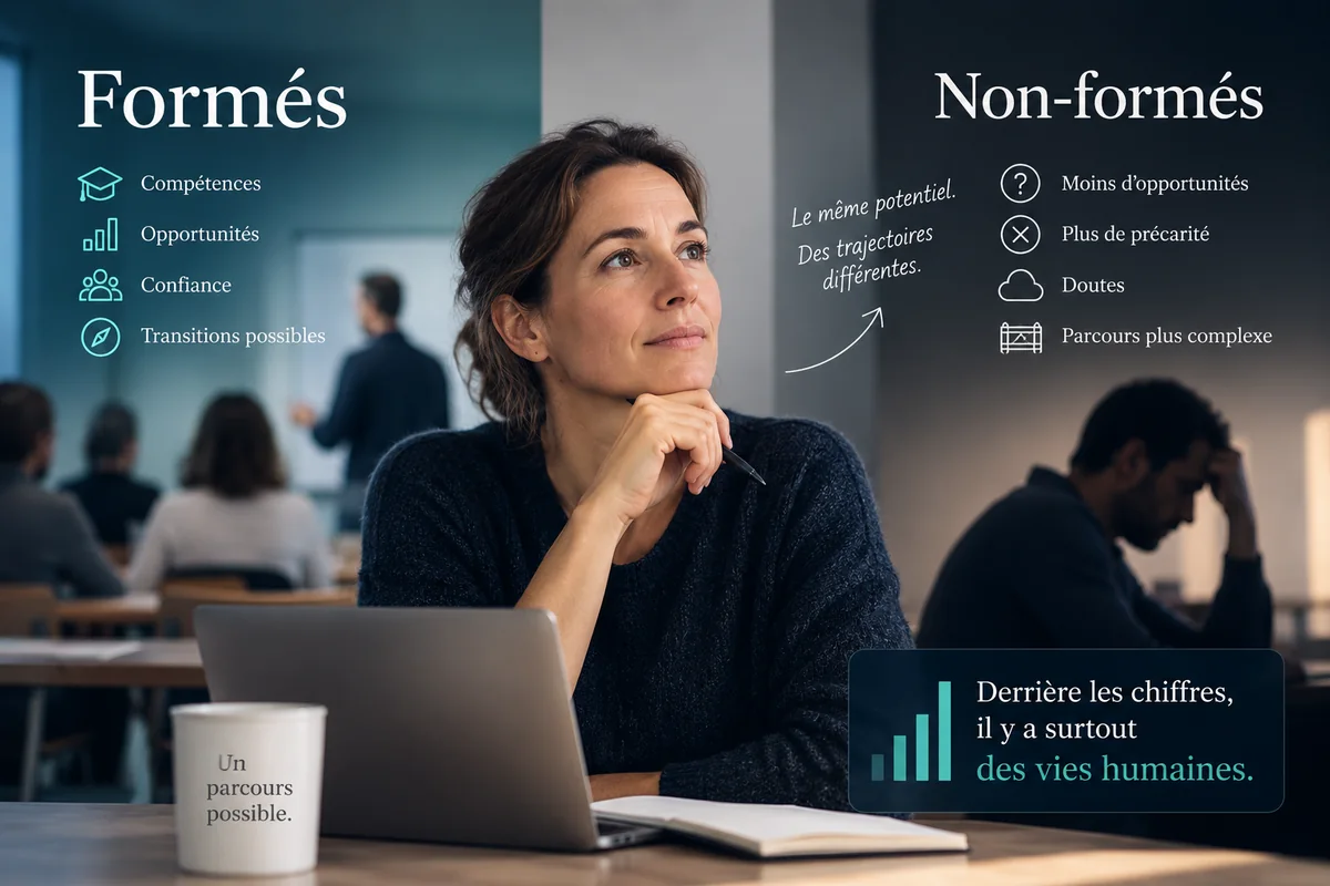 Comparaison formés / non-formés : d'un côté compétences, opportunités, confiance et transitions possibles ; de l'autre moins d'opportunités, plus de précarité, des doutes et un parcours plus complexe