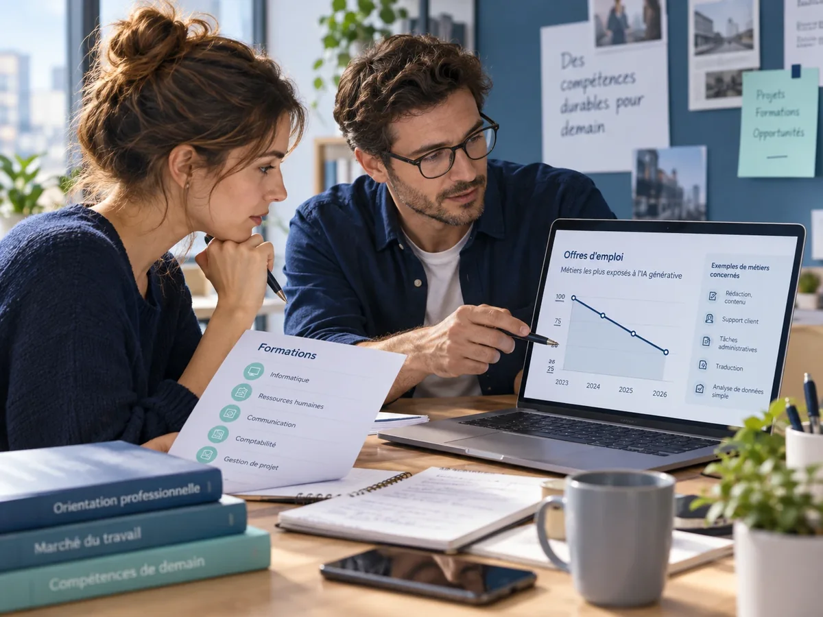Deux personnes devant un ordinateur portable : un conseiller pointe au stylo une courbe descendante titrée « Offres d'emploi, métiers les plus exposés à l'IA générative », de 2023 à 2026, avec des exemples de métiers concernés (rédaction, support client, tâches administratives, traduction, analyse de données) ; la candidate tient une feuille « Formations » qui liste informatique, ressources humaines, communication, comptabilité et gestion de projet