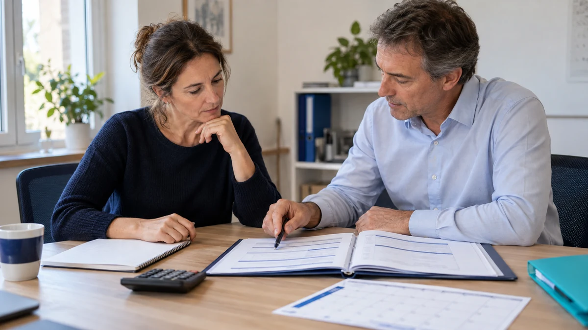 Une salariée et son employeur examinent ensemble le dossier d'activité partielle, calculatrice et calendrier posés sur la table