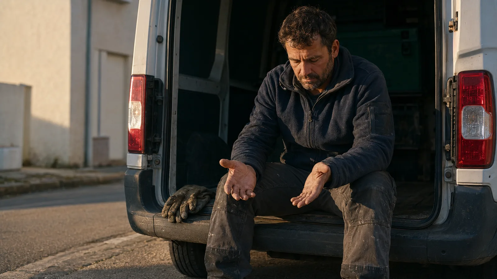 Un homme d'une quarantaine d'années en vêtements de travail, assis sur le marchepied arrière de sa camionnette en fin de journée, ses gants posés à côté de lui, regarde ses mains ouvertes.