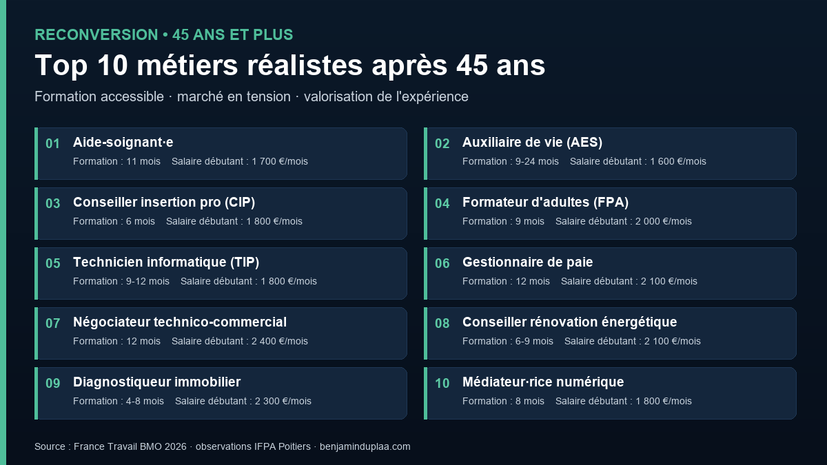 Top 10 métiers réalistes après 45 ans : formations accessibles, salaires débutants et marchés en tension — synthèse Benjamin Duplaa 2026