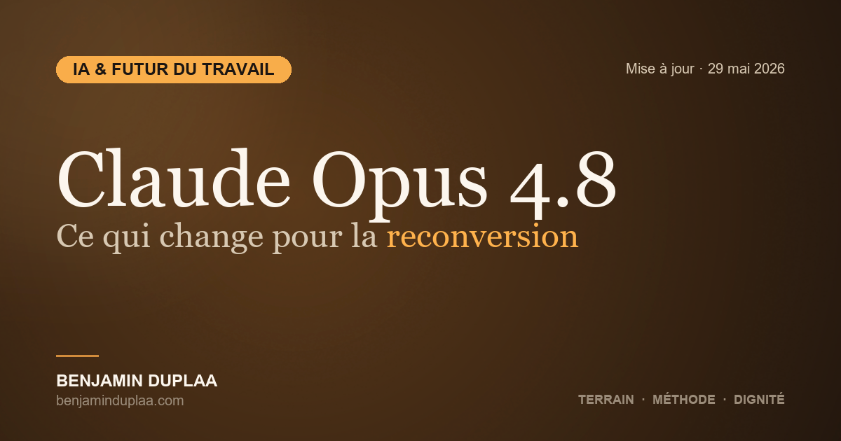 Claude Opus 4.8 (29 mai 2026) : ce qui change pour la reconversion