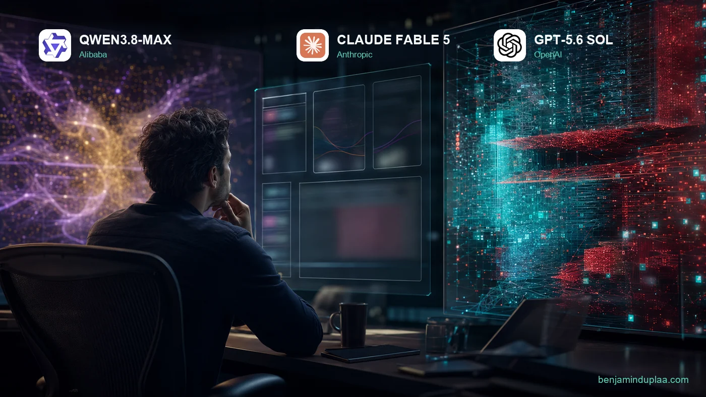 Trois écrans de visualisation côte à côte, étiquetés Qwen3.8-Max d'Alibaba, Claude Fable 5 d'Anthropic et GPT-5.6 Sol d'OpenAI, observés par un ingénieur