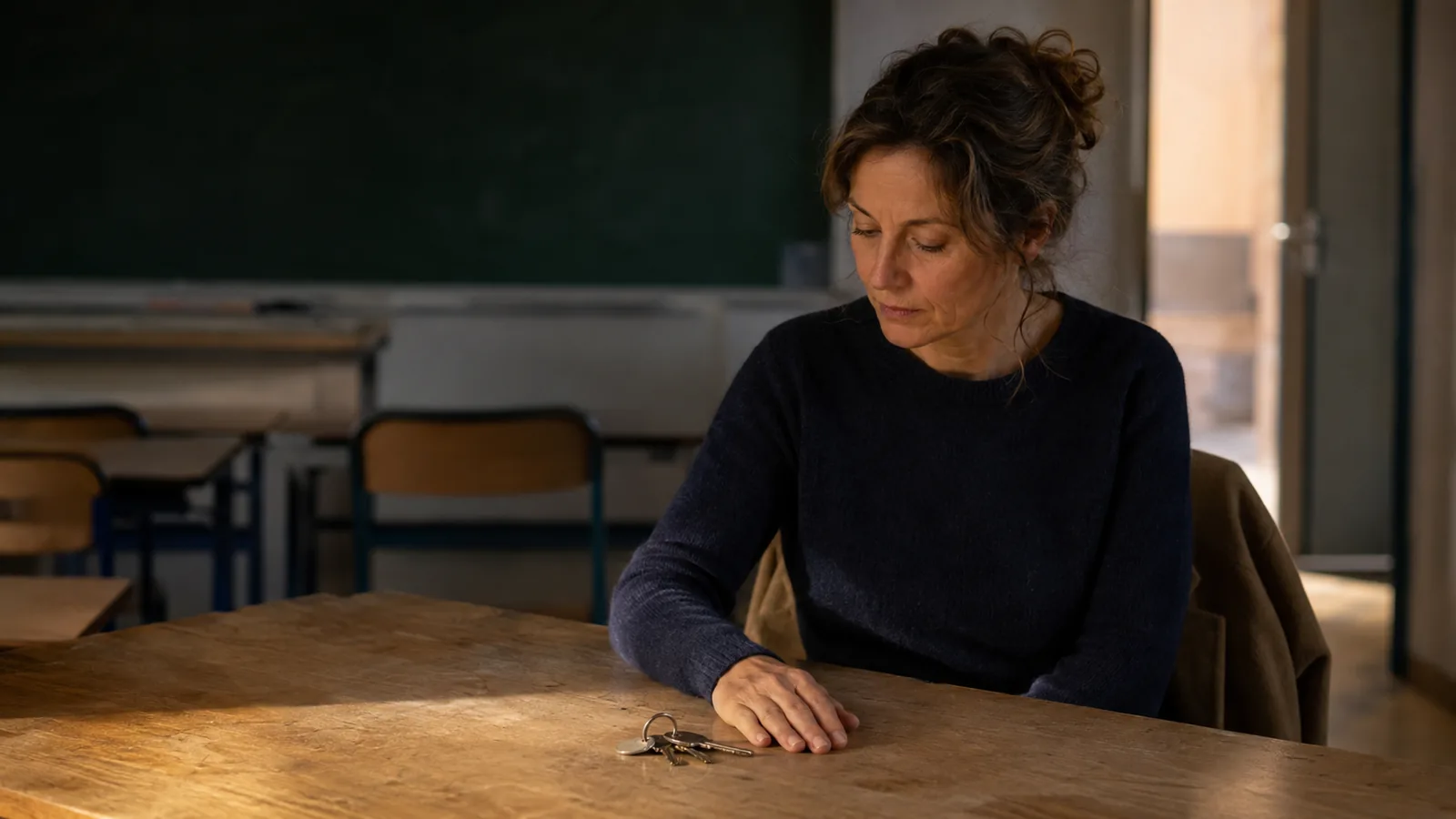 Une enseignante d'environ 45 ans, assise seule à son bureau après les cours, regarde son trousseau de clés de salle posé devant elle, la porte de la classe restée entrouverte derrière elle.