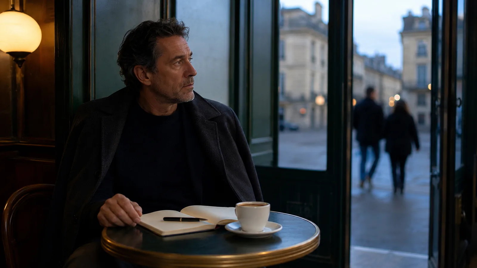 Un homme d'une cinquantaine d'années, seul à une table de café à sept heures du matin, un carnet ouvert et un café intact devant lui, regarde vers la porte vitrée où d'autres participants arrivent.