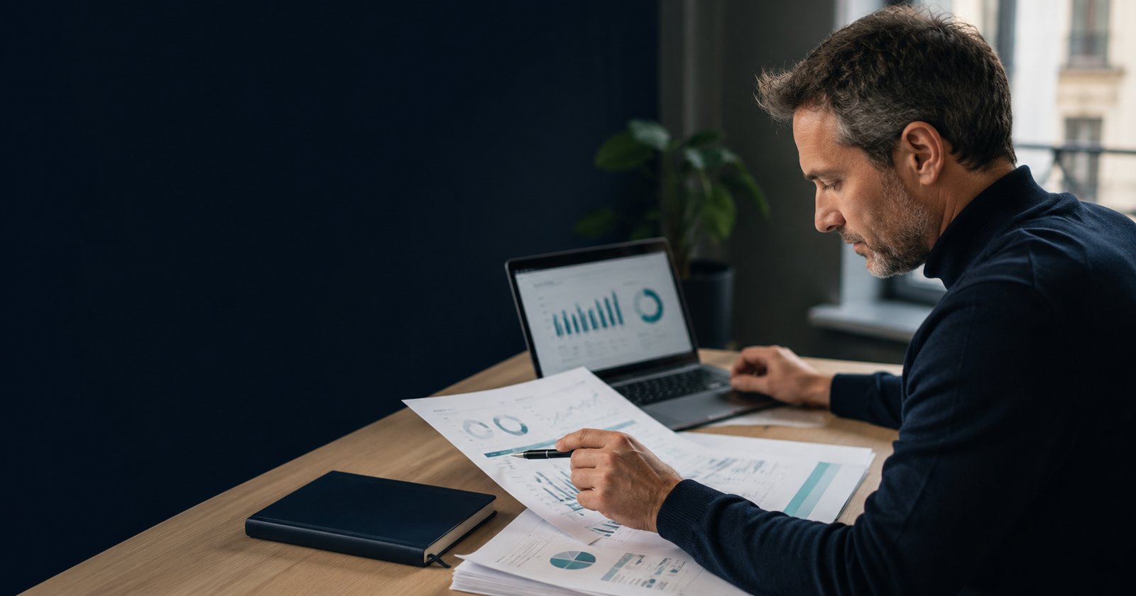 Vérification d'une donnée publique : un homme confronte des tableaux statistiques imprimés aux graphiques affichés sur son ordinateur portable