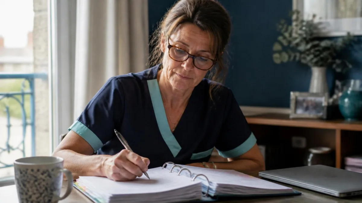 Une femme d'une cinquantaine d'années, en tunique de soignante bleu nuit, rédige au stylo dans un épais classeur à anneaux posé sur une table près d'une fenêtre, une tasse et un ordinateur fermé à côté d'elle.