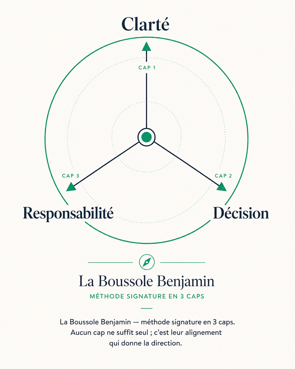 La Boussole Benjamin, méthode signature en 3 caps : Clarté (cap 1, au nord), Décision (cap 2, sud-est), Responsabilité (cap 3, sud-ouest). Aucun cap ne suffit seul ; c'est leur alignement qui donne la direction.