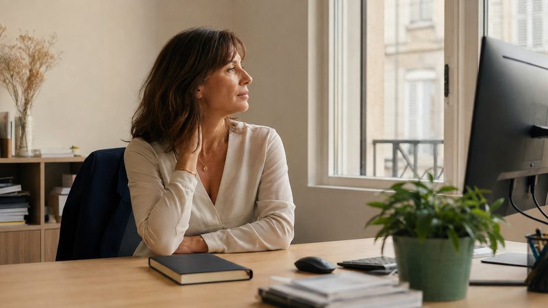 Femme à son bureau, la main sur la nuque, le regard tourné vers la fenêtre, en pleine remise en question de son métier actuel