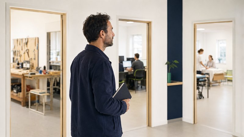 Homme de dos, carnet à la main, observant trois portes ouvertes sur un atelier, un bureau et une salle de soins — trois voies de reconversion possibles