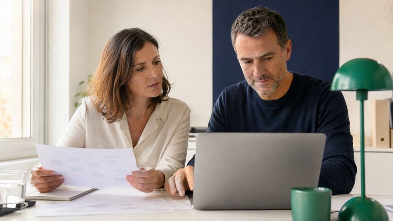 Deux collègues comparent un document imprimé et un écran d'ordinateur portable, au moment où l'IA transforme leurs méthodes de travail