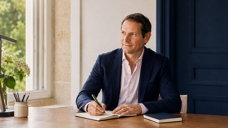 Benjamin Duplaa écrivant à la main dans un carnet, à son bureau devant une fenêtre