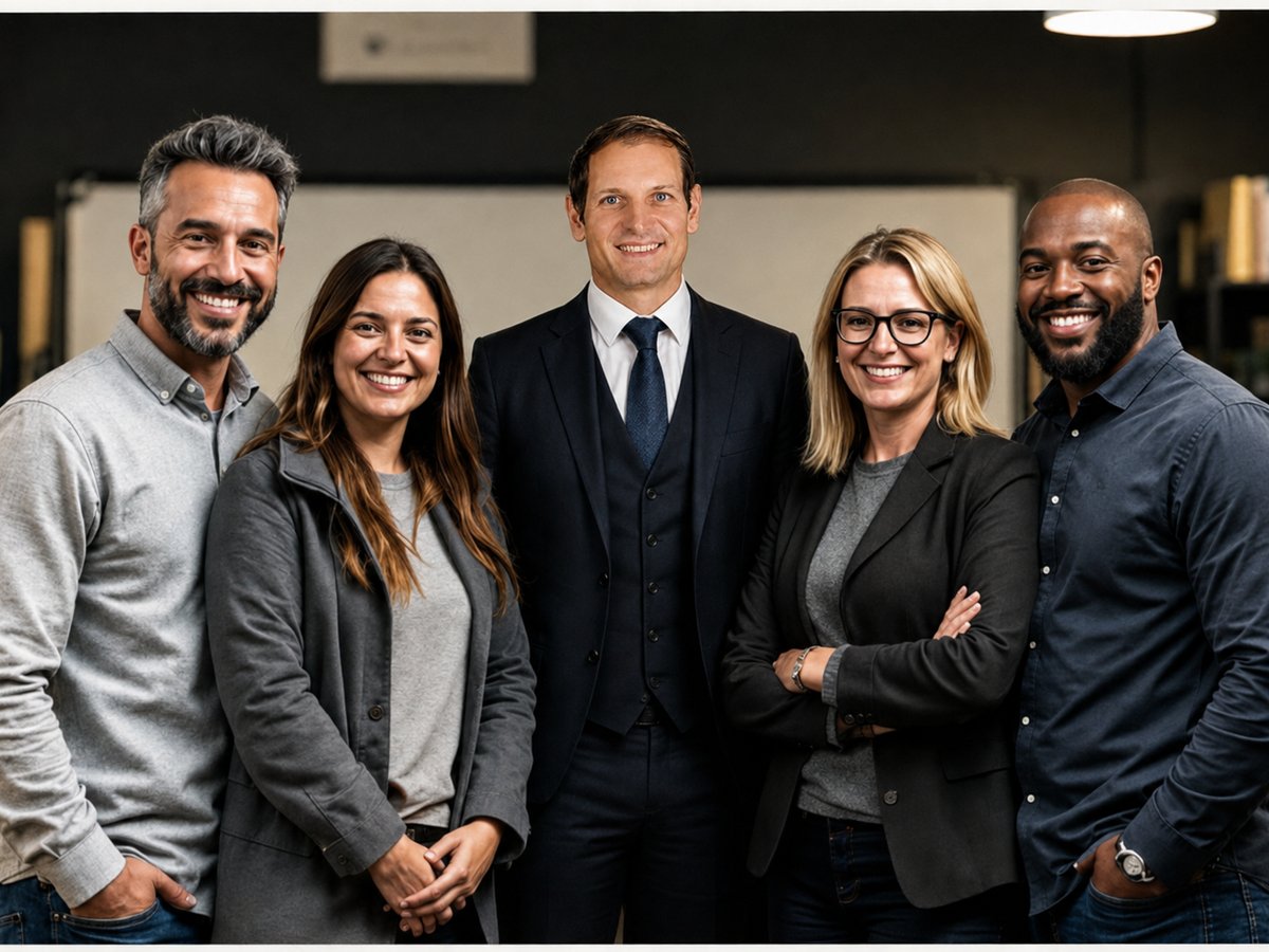 Cinq entrepreneurs souriants côte à côte dans un espace de travail — créer son entreprise après une reconversion, par Benjamin Duplaa