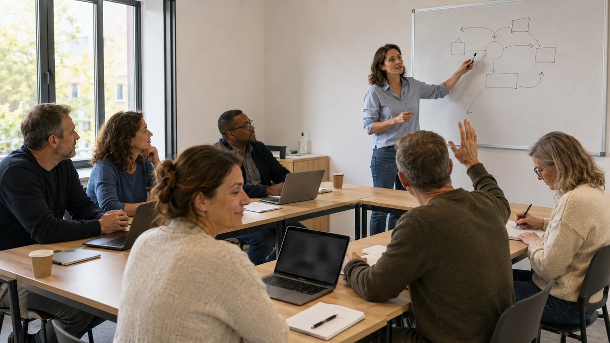 Une formatrice explique un schéma au tableau blanc à six adultes en formation assis en U, ordinateurs ouverts