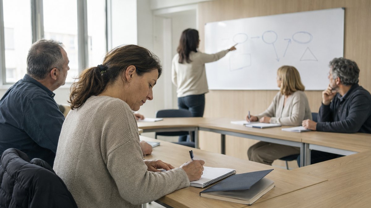Adultes en formation, une stagiaire prend des notes au premier plan pendant que la formatrice trace un schéma au tableau blanc