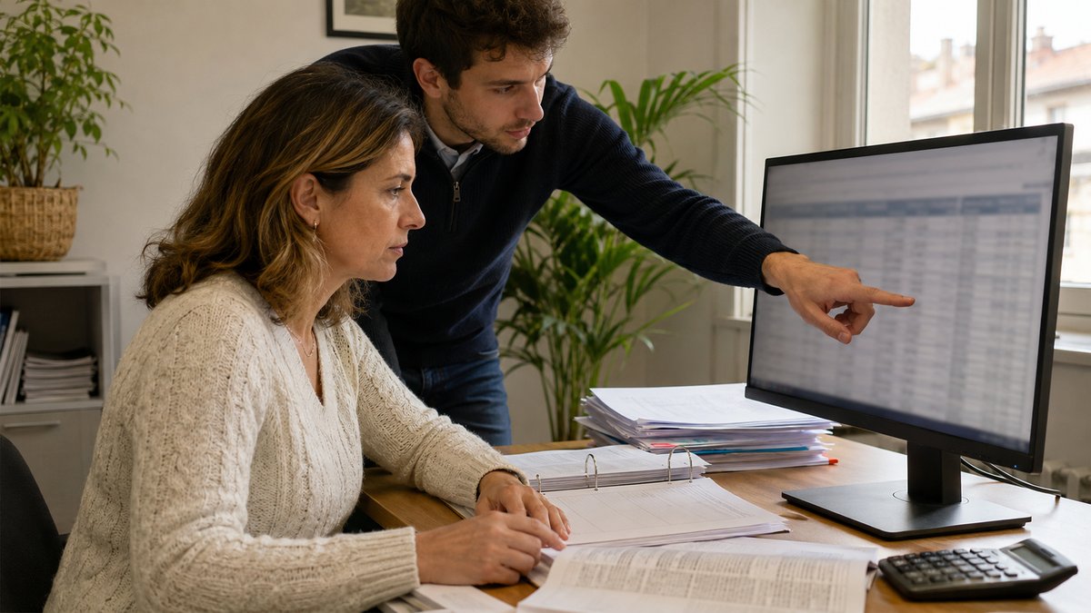 Une gestionnaire de paie en reconversion contrôle un tableau de bulletins à l'écran, un collègue lui montre une ligne