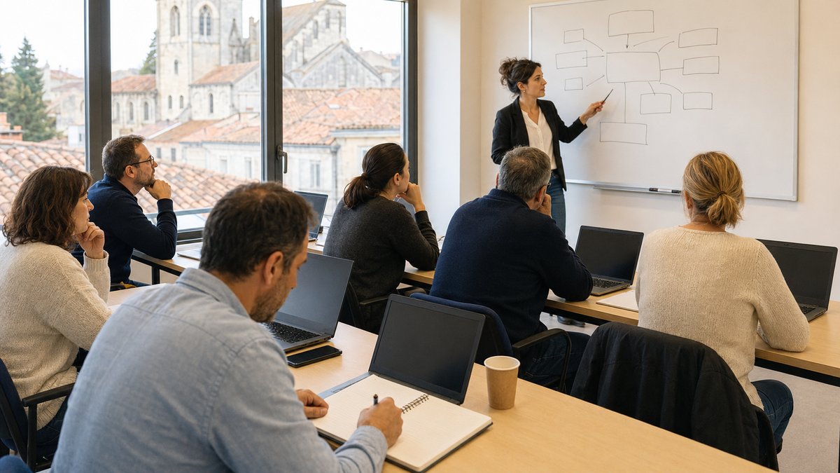 Session de formation à la paie pour adultes en reconversion, fenêtres ouvertes sur les toits de Poitiers