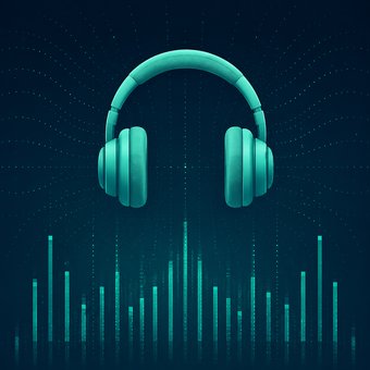 Casque audio turquoise au-dessus d'un spectre sonore, sur fond bleu nuit