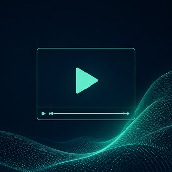 Lecteur vidéo stylisé turquoise sur une onde de points, fond bleu nuit