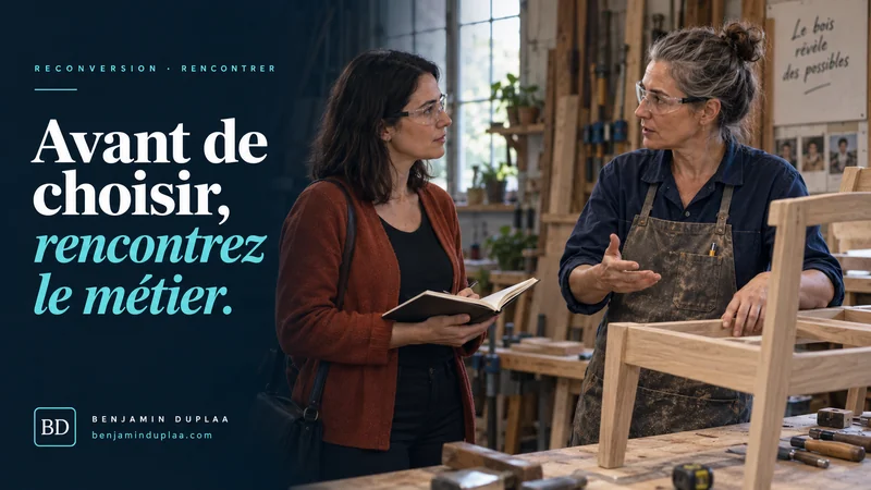 Avant de choisir, rencontrez le métier. Une visiteuse prend des notes pendant qu'une ébéniste lui explique une chaise en cours d'assemblage dans son atelier