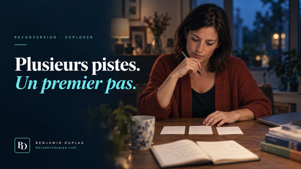 Plusieurs pistes, un premier pas. Une femme réfléchit devant trois fiches manuscrites posées côte à côte sur une table, un carnet ouvert à côté