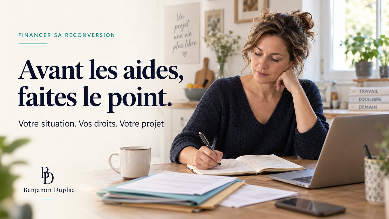 Avant les aides, faites le point : votre situation, vos droits, votre projet. Une femme écrit dans un carnet devant son ordinateur et une pile de dossiers