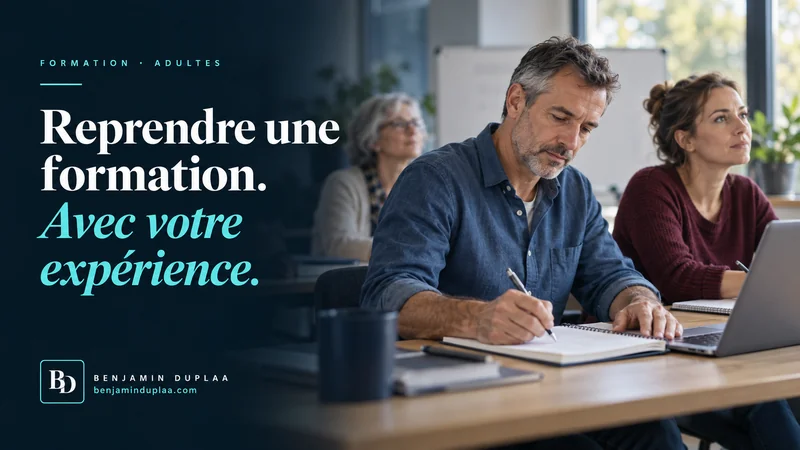Reprendre une formation, avec votre expérience. Un homme d'une cinquantaine d'années prend des notes dans un carnet, en salle de formation avec deux autres adultes