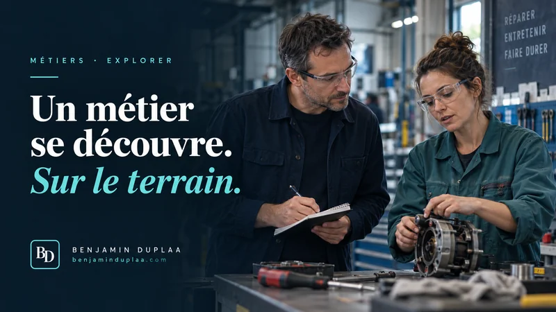 Un métier se découvre, sur le terrain. Un homme prend des notes pendant qu'une technicienne démonte un moteur électrique sur un établi d'atelier