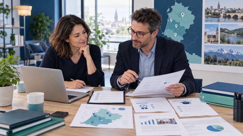Une femme et un conseiller comparent des organismes de formation autour d'une table de travail : carte régionale piquée de repères par département, fiches de certification et grille de comparaison imprimées, ordinateur ouvert