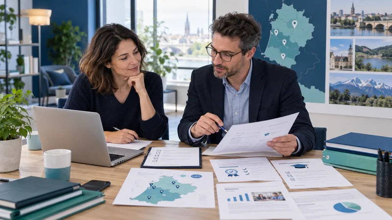 Une femme et un conseiller comparent des organismes de formation autour d'une table de travail : carte régionale piquée de repères par département, fiches de certification et grille de comparaison imprimées, ordinateur ouvert