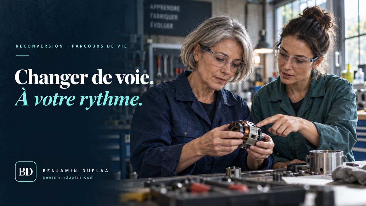 Changer de voie, à votre rythme : reconversion et parcours de vie. Deux techniciennes en atelier examinent ensemble un rotor de moteur électrique