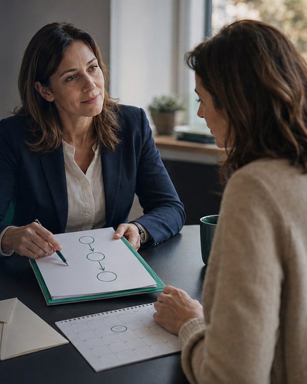 Deux femmes assises à une table de travail : l'une explique à l'autre un document annoté, stylo à la main, un calendrier posé devant elles.