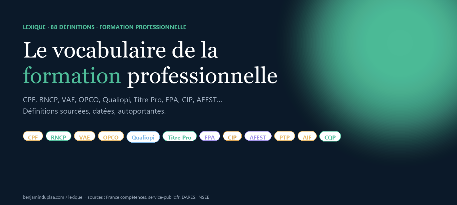 Lexique de la formation professionnelle 2026 : 88 définitions sourcées (CPF, RNCP, VAE, OPCO, Qualiopi, Titre Pro, FPA, CIP, AFEST, PTP, AIF, CQP). Sources France compétences, service-public.fr, DARES, INSEE.
