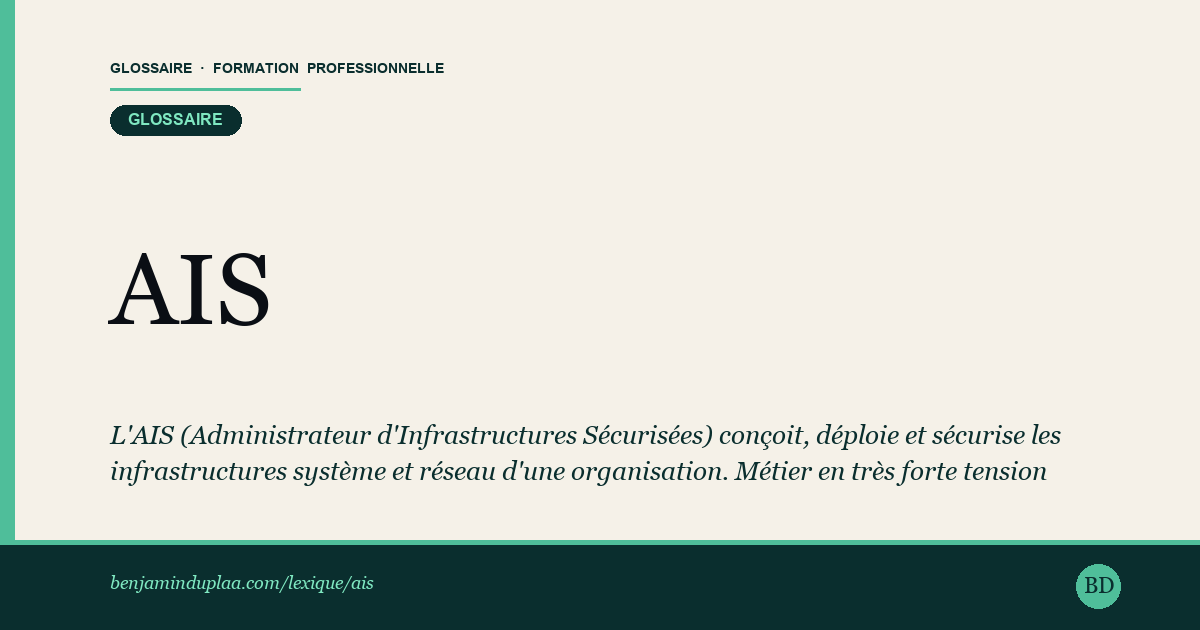 Carte du lexique : AIS — Administrateur d'Infrastructures Sécurisées — Métiers & accompagnement, définition sourcée de la formation professionnelle.