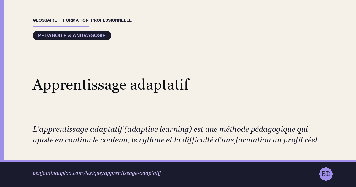 Carte du glossaire « Apprentissage adaptatif » : L'apprentissage adaptatif (adaptive learning) est une méthode pédagogique qui ajuste en continu le contenu, le rythme et la difficulté d'une formation au profil réel de chaque apprenant.
