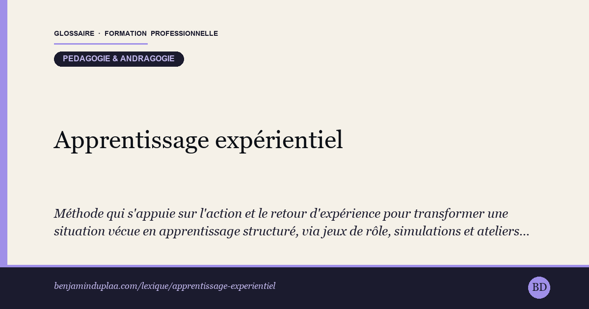 Carte du glossaire « Apprentissage expérientiel » : Méthode qui s'appuie sur l'action et le retour d'expérience pour transformer une situation vécue en apprentissage structuré, via jeux de rôle, simulations et ateliers pratiques. Elle repose sur le cycle en quatre étapes formalisé par David Kolb en 1984 : expérience concrète, observation réfléchie, conceptualisation abstraite, expérimentation active. On apprend en faisant, puis en analysant ce qu'on a fait.
