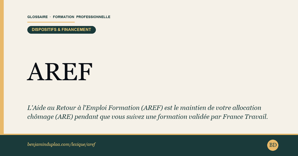 Carte du glossaire « AREF — Aide au Retour à l'Emploi Formation » : L'Aide au Retour à l'Emploi Formation (AREF) est le maintien de votre allocation chômage (ARE) pendant que vous suivez une formation validée par France Travail. Le montant est identique à votre ARE, versé par France Travail.