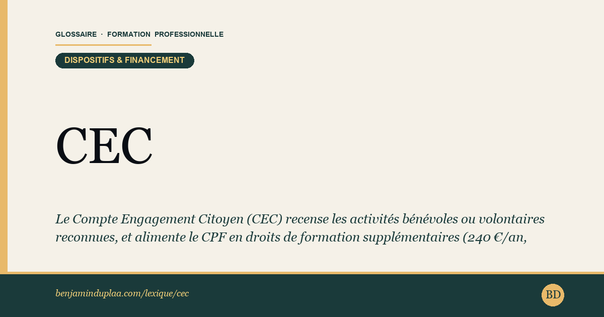 Carte du glossaire « CEC — Compte Engagement Citoyen » : Le Compte Engagement Citoyen (CEC) recense les activités bénévoles ou volontaires reconnues, et alimente le CPF en droits de formation supplémentaires (240 €/an, plafond 720 €) pour valoriser cet engagement.