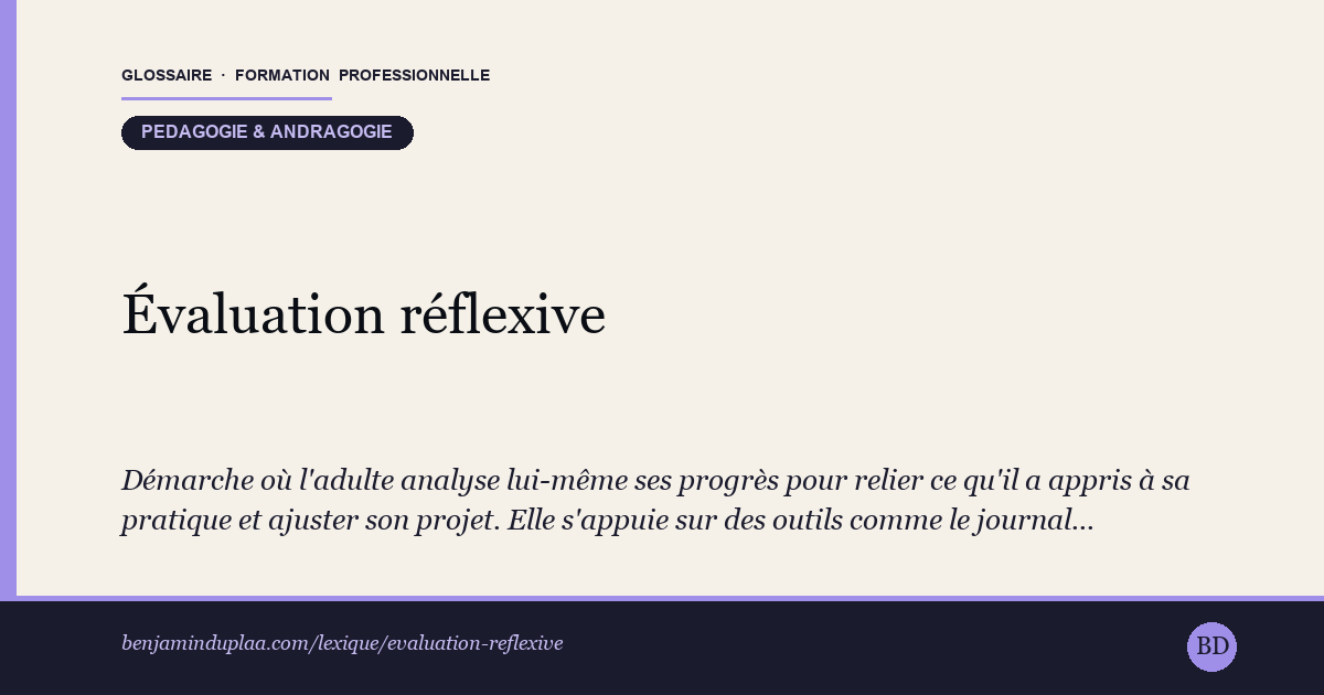 Carte du glossaire « Évaluation réflexive » : Démarche où l'adulte analyse lui-même ses progrès pour relier ce qu'il a appris à sa pratique et ajuster son projet. Elle s'appuie sur des outils comme le journal d'apprentissage, les bilans réguliers ou l'atelier réflexif. Elle se distingue de l'évaluation formative et sommative : ici, ce n'est pas le formateur qui juge, c'est l'apprenant qui prend du recul sur son propre parcours.