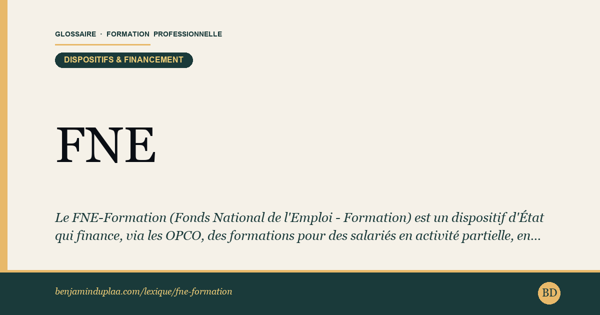 FNE-Formation — Définition illustrée du glossaire de la formation professionnelle (catégorie Dispositifs & financement) par Benjamin Duplaa, directeur IFPA Poitiers